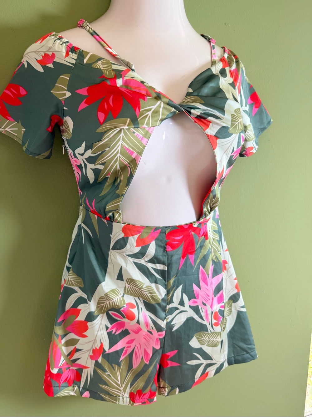 Beachy Green Tropical Floral Cutout Swim Romper with Pink Accents - Picture 7 of 9